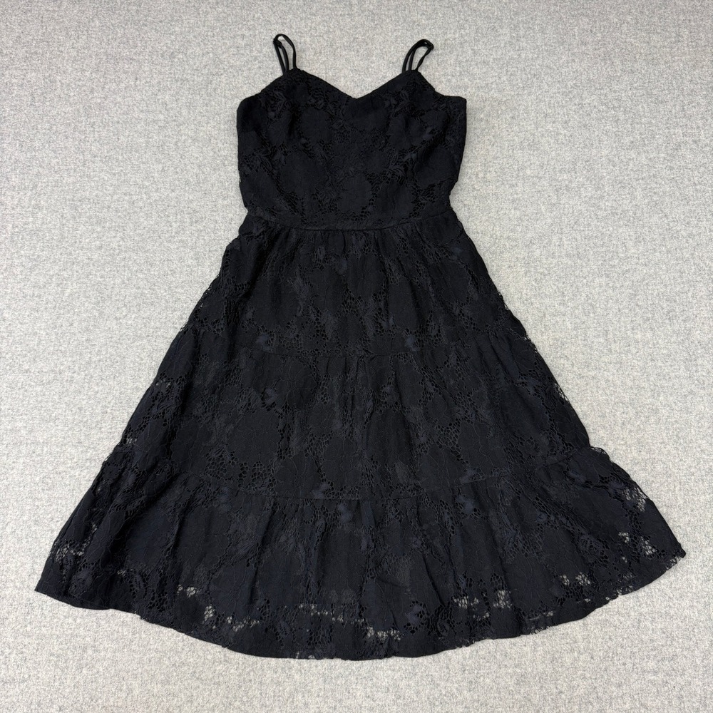 Monteau Los Angeles LaceTiered Midi Dress XS Black AdjustableStrap V-Neck 501410